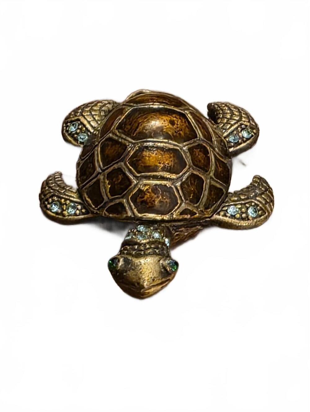 Vintage Enamel & Rhinestone Turtle Hinged Trinket Box